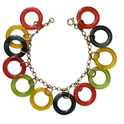 Gold Tone Vintage Materials Plastic Open Rings Charm Bracelet 7  Long E192 • $50