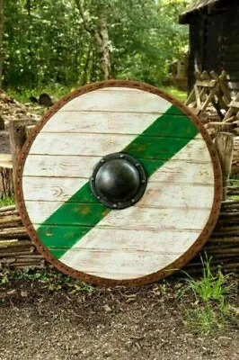 Historical Ragnar Lodbrok Viking Shield Medieval Norse Wooden Plank Stripe Green • $79.99