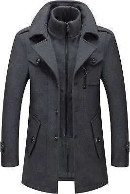 Men's Thermal Single Breasted Wool Blend Coat Business Peacoat Detachable Zipper • $34.99