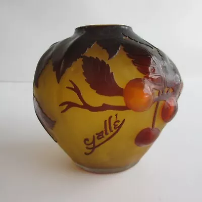 Antique Galle Art Nouveu Glass Vase Red Cherries & Leaves Daum? • £579.08