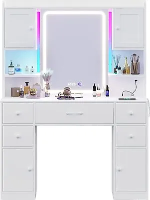 Vanity Desk With Mirror & Lights Makeup Dressing Table With 5 Drawers And 4 Door • $239.99