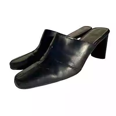 Nicole Shoes Womens Size 7.5 Brakes Black Slip On Mule Leather Square Toe Heels • $22.77