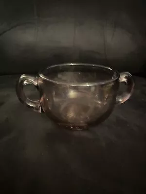 Vintage Etched Purple Manganese Glass Open Sugar Bowl Double Handle GLOWS UV • $12