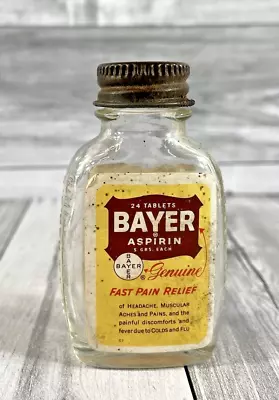 Vintage Bayer Aspirin Empty Glass Bottle With Metal Top Advertisement A • $11.99