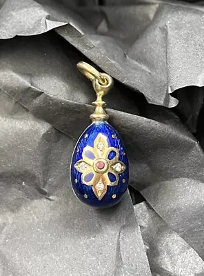 FABERGE EGG DIAMOND BLUE ENAMEL 18K Charm Pendant • $1298