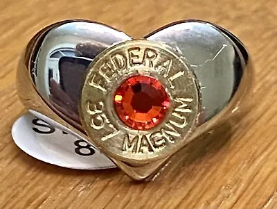 Federal 357 Magnum Brass Bullet Casing Steel Heart Ring Sz  8 With Red Crystal • $19.99