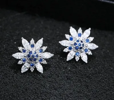 $12.95 • Buy Snowflake 12mm Sterling Silver Cluster Cubic Zirconia Stud Earrings Gift Box K64
