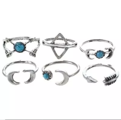 Set Of 6 Boho Stack Above Knuckle Midi Finger Tip Turquoise Rings • £5