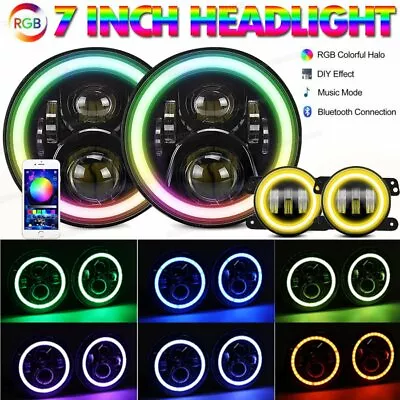 $118.99 • Buy For Jeep Wrangler JK TJ LJ Halo RGB 7'' LED Headlights +4'' Fog Lights Combo Kit