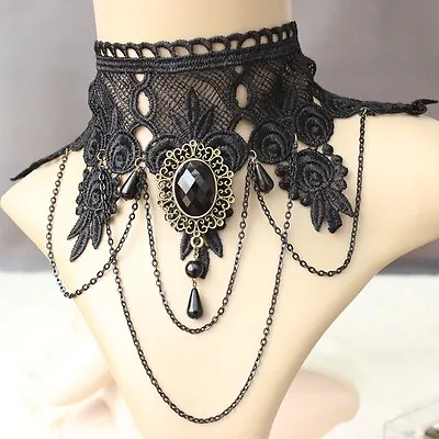 Gothic Victorian Black Lace Choker Necklace Tassel Chain Steampunk Halloween • $8.99