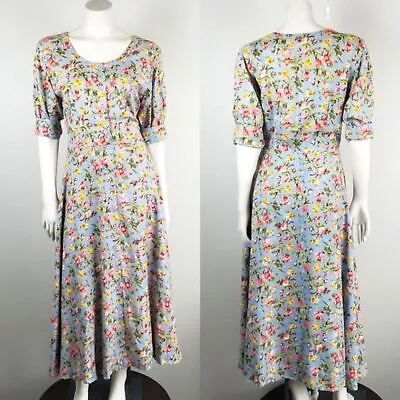 Vintage Starina Rayon 90s Y2K Fit & Flare Blue Floral Midi Dress Size Medium • $50