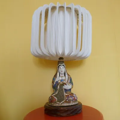 Vintage 1930s Japanese Satsuma Figural Lady Table Lamp And Ribbon Shade • £75