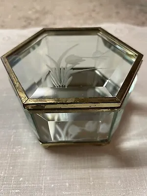 Vintage Hinged Etched Beveled Glass & Brass Hexagon Jewelry Trinket Box • $5