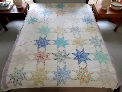 FOR MATERIAL Vintage DAMAGED Hand Sewn Feed Sack STAR Quilt; 80  X 62  • $9.99