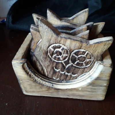 £8 • Buy Set Of 6 Wooden Owl Coaters In Wooden Box