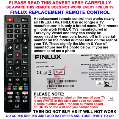 £7.99 • Buy FINLUX TV REMOTE CONTROL A REPLACEMENT THAT WORKS NEARLY ALL FINLUX LCD/LED TVs