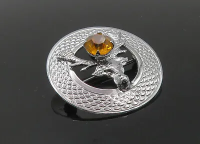 MIZPAH 925 Sterling Silver - Shiny Citrine Deer's Head Round Brooch Pin - BP3766 • $42.90
