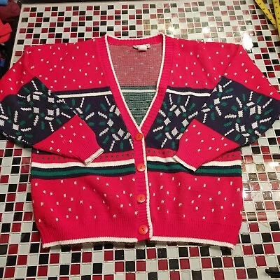 Vtg 80's 90's Cabin Creek LARGE Christmas CARDIGAN Sweater Geometric Snowflakes • $29.99