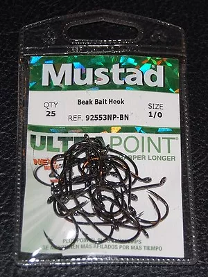 25 Pack Mustad Ultra Point 92553NPBN-10 Black Nickel Octopus Beak Hooks Size 1/0 • $10.39