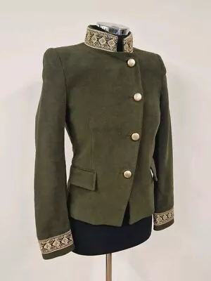 ZARA Khaki Green Velvet Military Jacket Coat Size S Embroidered Blazer Gold • $50.47