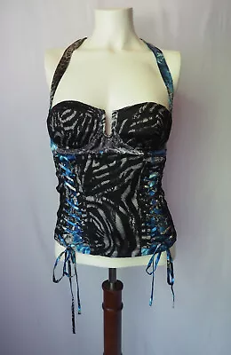 Marciano Stretch Silk Corset Lingerie Halter Top Lined Lace Gray Black Blue S/P • $42