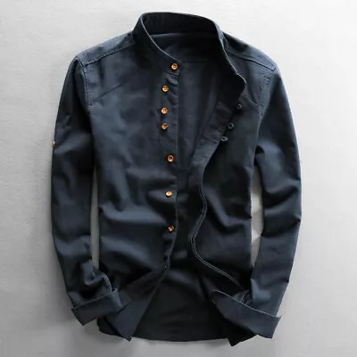 Men Cotton Linen Shirt Male Formal Retro Long Sleeve Mandarin Collar Frog Button • $26.75