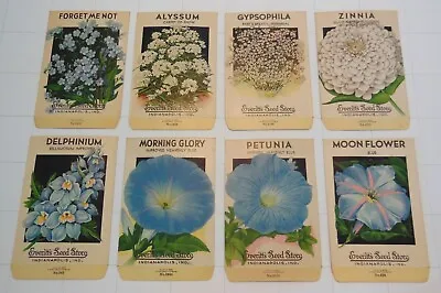 8 Vintage Everitt's FLOWER SEED PACKS (S76)-Schmidt Litho-3 1/4  X 5 -Delphinium • $22