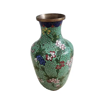 Vintage Brass Cloisonne Chinese Vase Jug Green Floral Enamelware Cottagecore 6  • $13.49