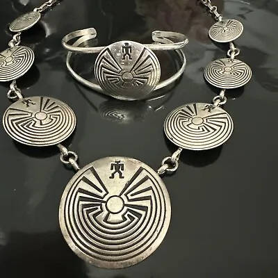 Hopi Native American Man In The Maze Sterling Concho Necklace With Bracelet Set • $800