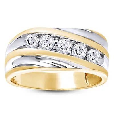 Men's Slant Five Stone Wedding Band Ring 10K Two Tone Gold Round • $630.19