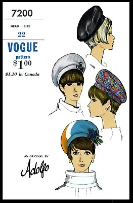 Vogue 7200 Pattern BERET Hat Cap Designer ADOLFO Chemo Alopecia • $5.47