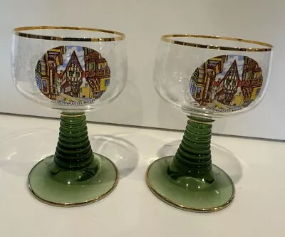 VINTAGE Set Of 2  BOHEMIAN GREEN GLASS KIEDRICH RHEINGAU WINE GLASS • $29.99