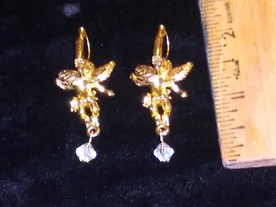 Vintage  GOLD Kirks Folly Cherub Angel Leverback Pierced Dangle Earrings • $19