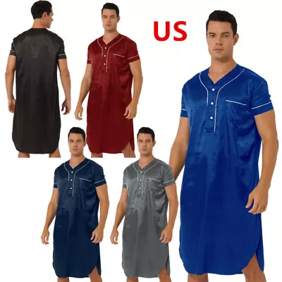 Men Silk Satin Sleep Robe Glossy Loose Lounge Dress Solid Pajamas Suit Nightwear • $15.66