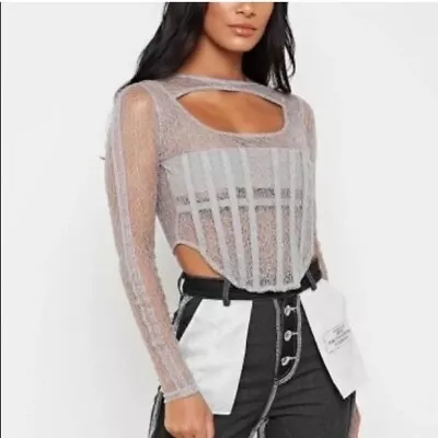 Maniere De Voir Long Sleeve Lace Corset Top In Soft Grey Size Small • $50