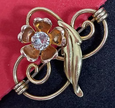 Vintage Van Dell Two Tone Gold 1/20 12k GF Filled Brooch Blue Rhinestone Flower • $18.99