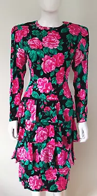 80s Vintage Floral Silk Black Rose Floral Drop Waist Ruffle BOHO Dress M • $67