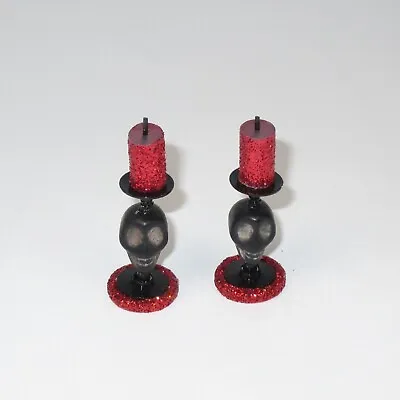 WMH Miniature Dollhouse Halloween Skull Candlestick And Candle Set Of 2- Red Blk • $7.99