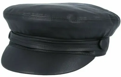 Fiddler Breton Cap Hat Faux Leather Black Greek Fisherman Sailor Men Ladies Kid • £17.99