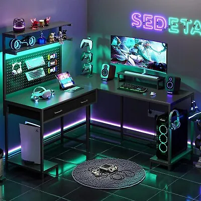 L Shaped Gaming Desk With LED Lights&Monitor Stand Computer Desk For Home Office • $159.97