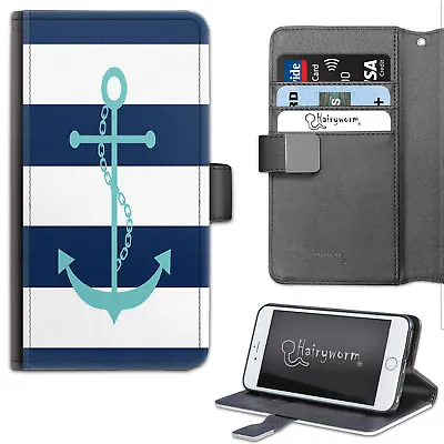 $36.43 • Buy Navy Blue And White Stripe Anchor PU Leather Wallet Phone Case;Flip Case