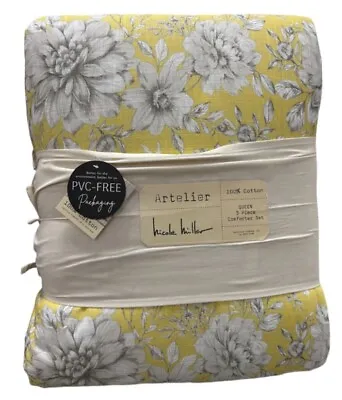 Artelier Nicole Miller Yellow Gray And White Floral Queen Comforter Set 92”x96” • $160