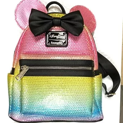 Loungefly Disney Minnie Mouse Rainbow Sequined With Bow Mini Backpack • $144.30