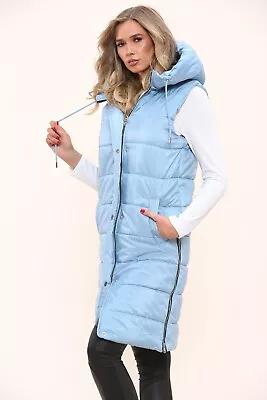 Womens Ladies Long Line Hooded Puffer Gilet Jacket Padded Vest Top Body Warmer • £29