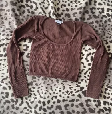 Zara Long Sleeved Cropped Stretch Brown Low Round Neck Top XS/S • $1.23