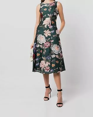 $797 Marchesa Notte Women's Green Floral Jewel-Neck Fit & Flare Dress Size 2 • $255.18