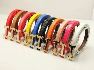 Womens Ladies Buckle Leather Gold Metal Thin Narrow Skinny Waist Belts Band • £9.06