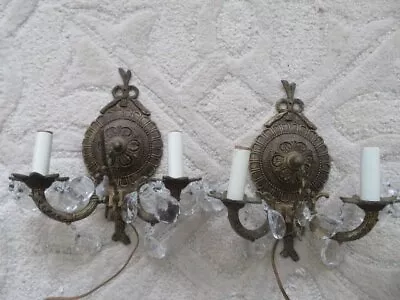 PAIR GORGEOUS Old Vintage French WALL SCONCES LIGHTS 2 Lights Each Crystals • $125