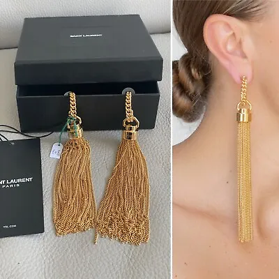 Authentic YSL Saint Laurent Gold Tassel ‘Kate’ Earrings Large Heavy Chain Hoop • £249.99