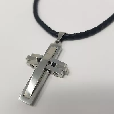 Mens Silver Cross Necklaceblack Or Silver Crossleatherany Lengthhand Made • £32